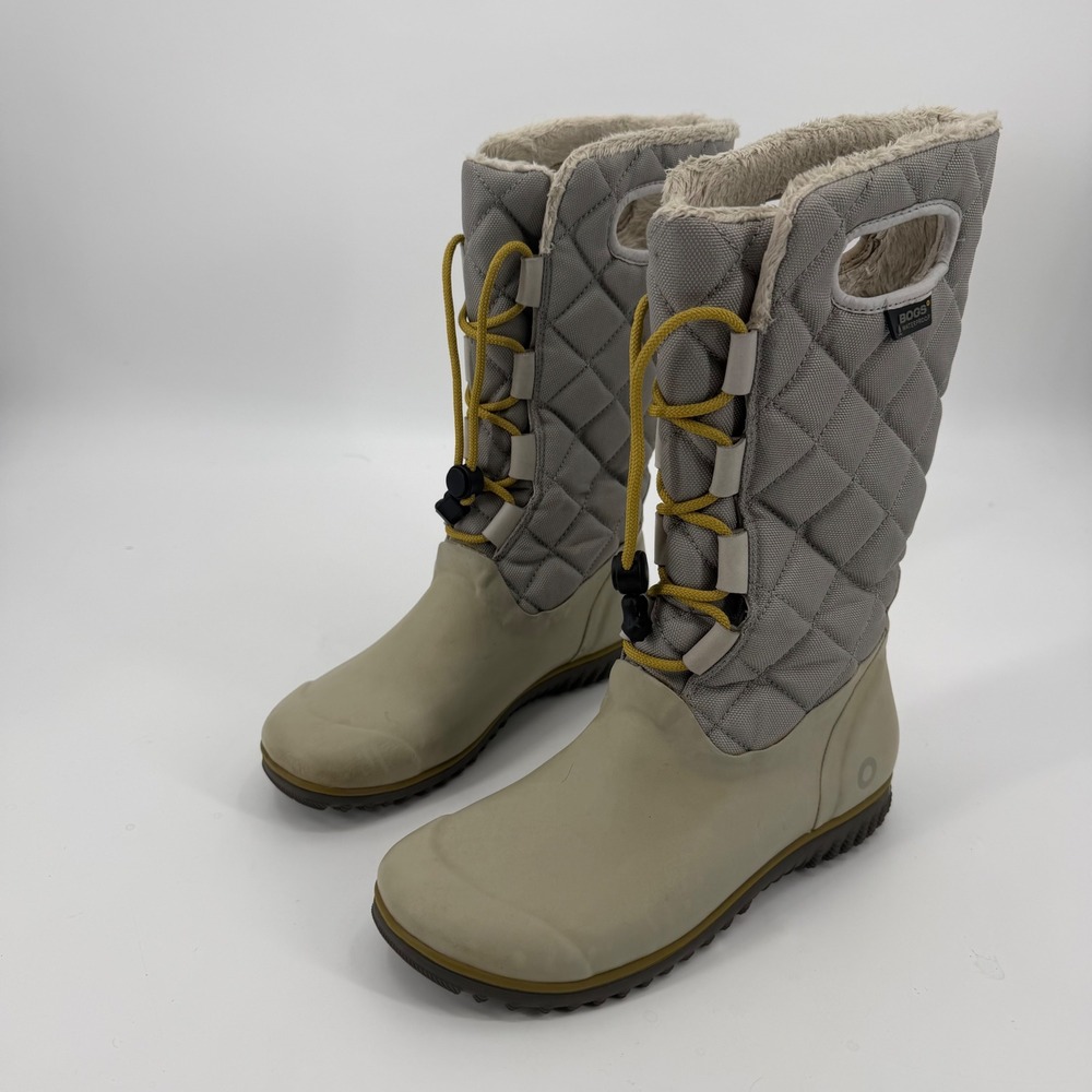 Bogs Juno Tall Waterproof Winter Boots Grey Tan Quilted Faux Fur Womens 9 71767